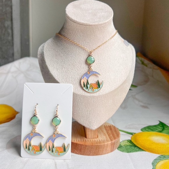 Chalcedony Sea Green Fun Camping Crescent Moon Tent Forest Scenery Jewelry Set 33$